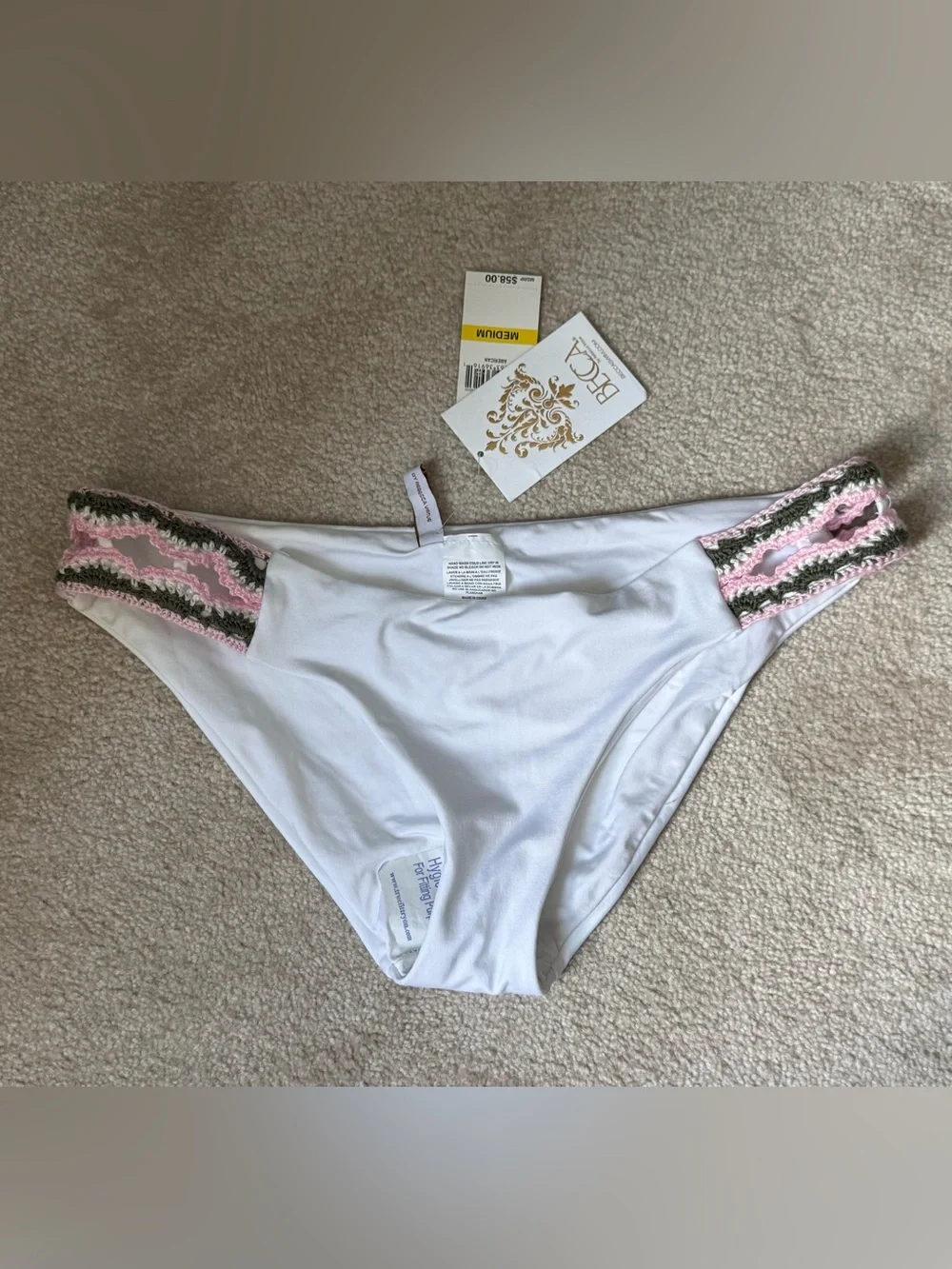 BECCA White Bikini Bottom with Pink & Green Crochet Waistband